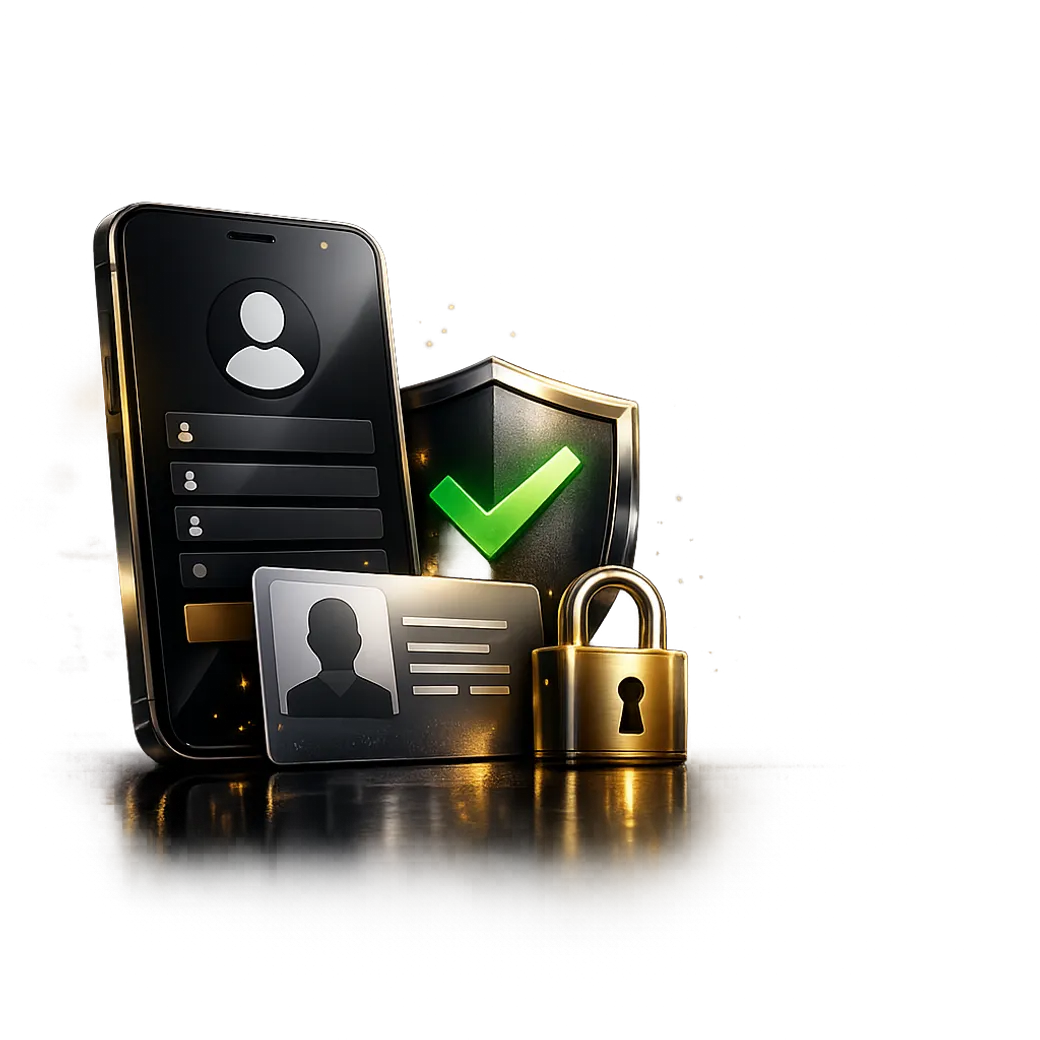3D illustration of a smartphone displaying a secure account registration interface with a profile symbol, verification checkm
